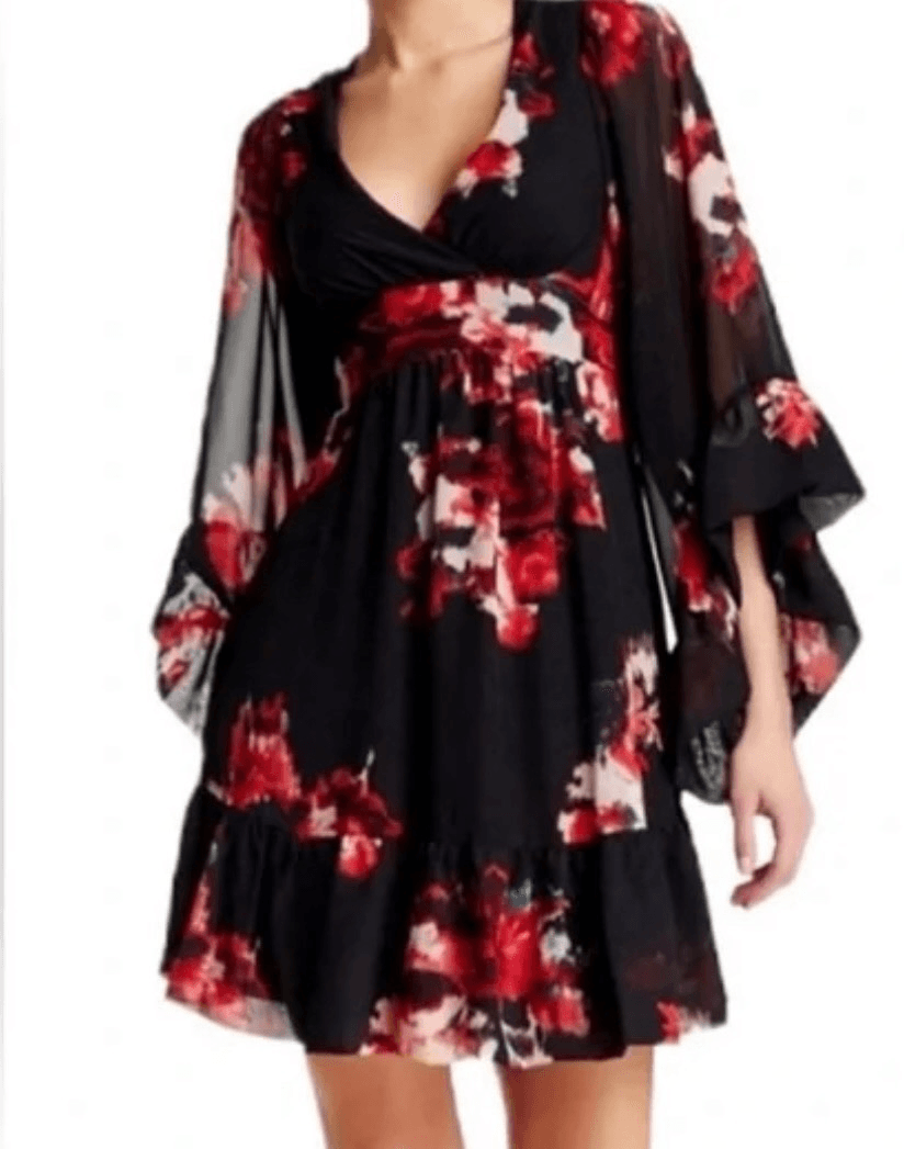 Betsy Johnson black red floral bell sleeve empire waist midi dress