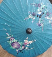 Blue 34" Thai Umbrella/Parasol Hand Painted Butterflies  Flowers Bamboo Frame