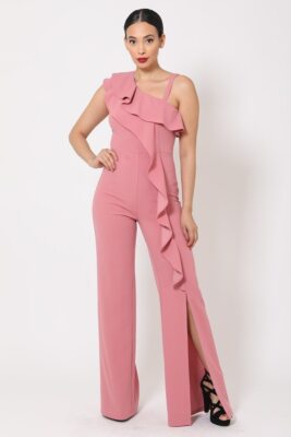 One Shoulder Ruffle Jumpsuit Light Pink