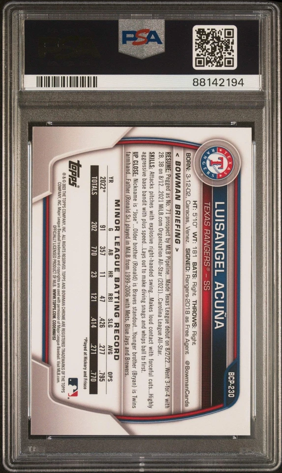Graded 2023 Bowman Chrome S/E Luisangel Acuna #230 Pros RC Baseball Card PSA 10 - Image 2 of 2