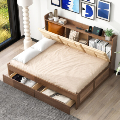 Twin Full Daybed with Storage Drawer Upholstered Storage Shelves Modern Sofa Bed