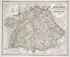 Germania Meridionale Originale Incisione Acciaio Cartina Geografica Meyer 1847