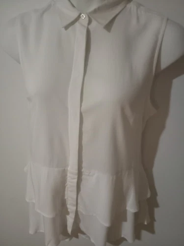 Women's Large White Button Up Sleeveless Tunic Collar Layered Ruffle Hi-Low Hem 