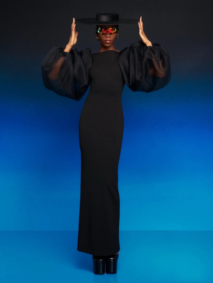knee length dresses for ladies Black Satin Puff Sleeve Maxi Dress main image 1