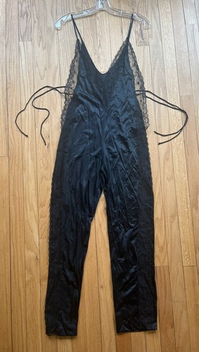 Vtg 70s Sheer Black Nylon & Lace Jumpsuit w/ Tie Sides Disco Glam Steampunk Goth