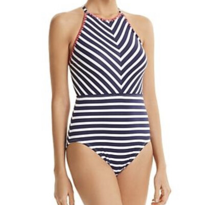 NWT TOMMY BAHAMA Breton Stripe High Neck One Piece Swimsuit Navy Size 8