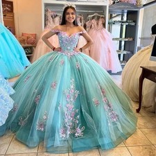 Princess 3D Flowers Quinceanera Dresses Off Shoulder Applique Sweet 16 Ball Gown