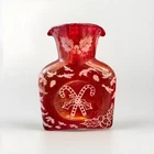 Blenko Etched Red Art Glass Pitcher Christmas Glossy Finish Pattern Glass Jug 8"