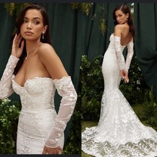 HOUSE OF CB L D-DD  'Isabelle' White Lace Long Sleeve Bridal Gown NWOT