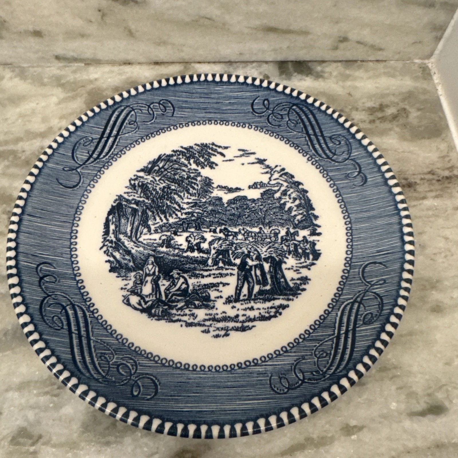 Rare Currier Ives Annual Club Commerative Tiny Pie Plate. 6” Blue RARE FAST SHIP