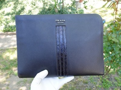 PRADA BAG clutch black saffiano leather real croco details laptop case briefcase