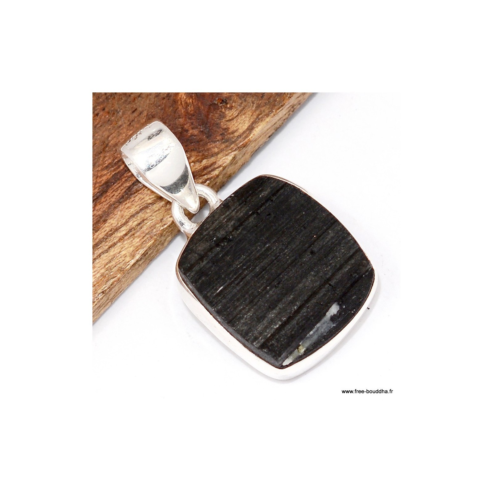 Pendentif Tourmaline noire carré TW21 en pierre naturelle véritable avec bélière argent
