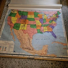 Nystrom 1967- 3  Pull Down School Hanging Wall Map: World, and United States!