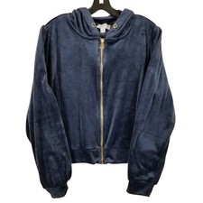 Magaschoni Womens Navy Blue Velour Zip Up Hoodie Sweatshirt XL Gold Hardware