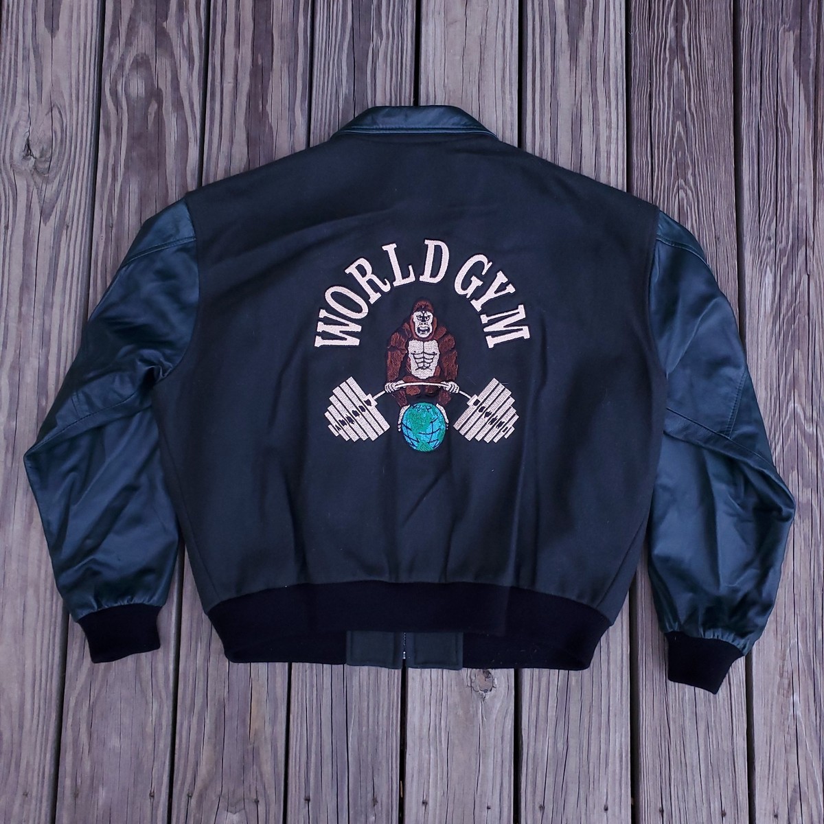 Vintage 90s Golds Gym green Letterman Leather Varsity Bomber