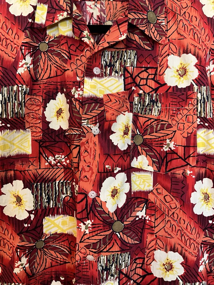 RARE Vintage 50’s/60’s 4 Button Red Cotton Floral Hawaiian Shirt Tiki Aloha 44” - Image 2 of 4