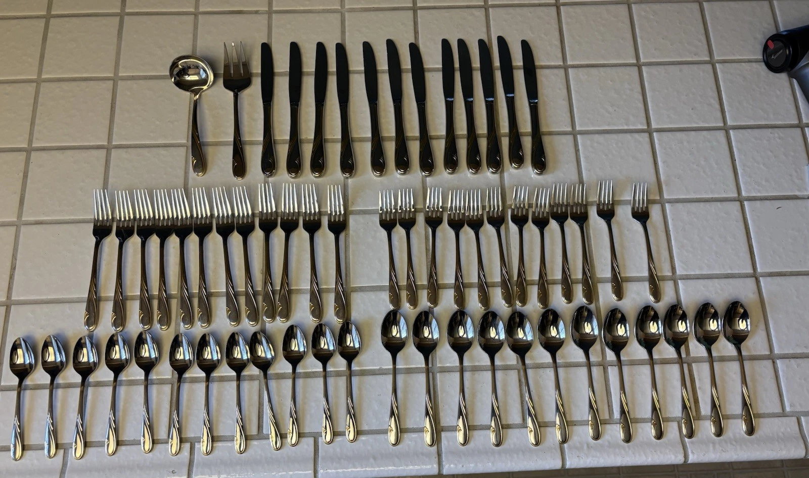 62 Gorham Golden Swirl Stainless 12 Place Set Fork Knife Spoon Ladle & Serv Fork