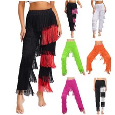 Women Fringe Salsa Ballroom Latin Dance Pants Elastic Waist Performance Trousers