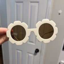 Kids Round Sunglasses White Flower/Scalloped Plastic Frame Brown Tinted
