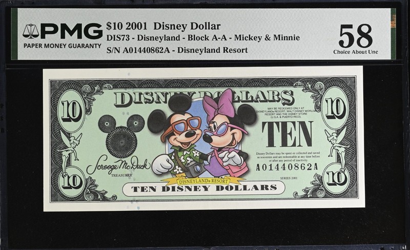2001 A $10 Disney Dollar Mickey & Minnie PMG 58 DIS73 A01440862A POPULAR Note