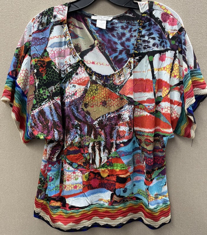 Alberto Makali printed top Sz M blue, purple, and green Artistic Design