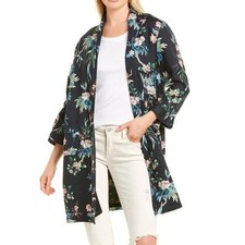 Johnny Was 100 Linen Longline Kimono Jacket Black Floral Print Boho Size Medium