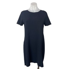 Theory Black Woven Mix Crepe Knit Short Sleeve Shift Mini Sweater Dress Size M