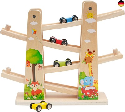 Kugelbahn Holz,Premium Holzspielzeug mit 4 Autos,Autorennbahn Holz Spielzeug