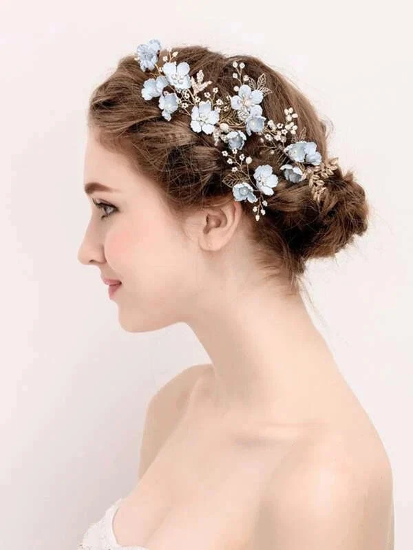 Blue Velvet Flower Bridal Hair Comb, Wedding Blue Floral Gold Wire Hairpins - Image 2 of 4