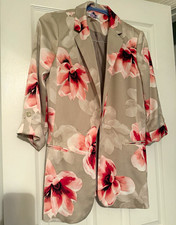 Calvin Klein Floral Open Front Long Blazer Beige/Pink 3/4 Sleeve Lightweight 10