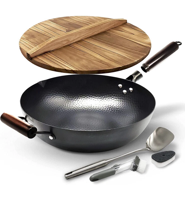 Carbon Steel Wok Pan With Lid Stir Fry Wok Set Steel Spatula And Cleaning Brush