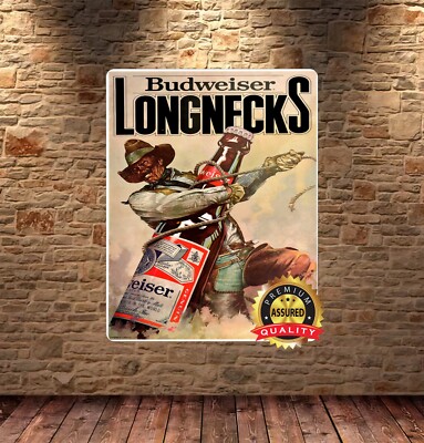 Budweiser - Cowboy - Longnecks - Man Cave - Metal Beer Sign 11 x
