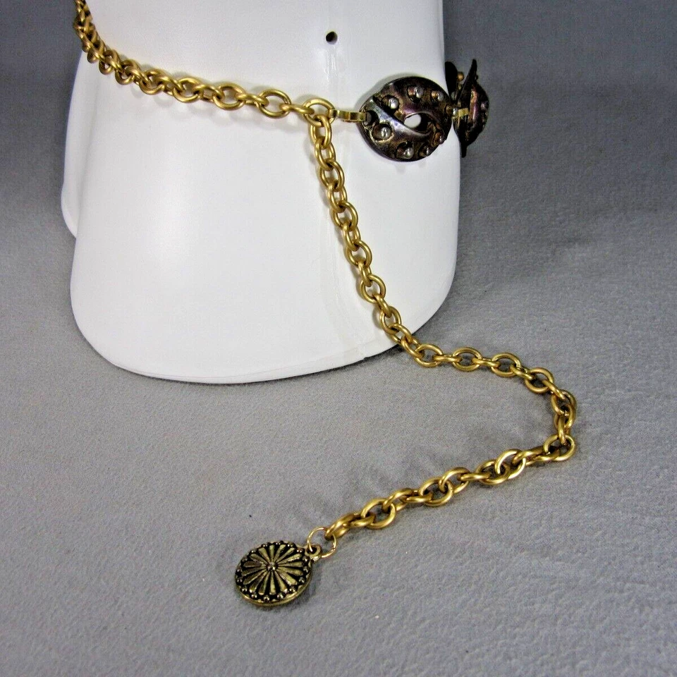 Mujer Tono Dorado Metal Concho Moda Cinturón Cabeza Rostros Flor Cadena Ajustable Foto 2 de 4