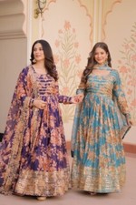 Indian Party Wear Gown  Russian Silk Digital Print Sequin Work Anarkali Dress