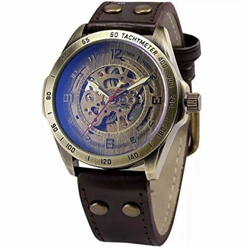 AMPM24 Skeleton Steampunk Watch Bronze Case Automatic Mechanical  Leather Band