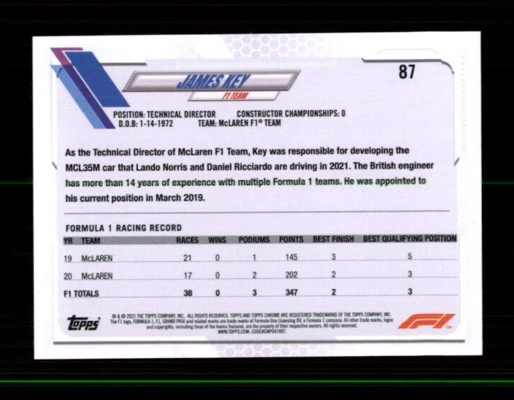 2021 Topps Chrome Formula 1 Purple Green Refractors #87 James Key - Image 2 of 2
