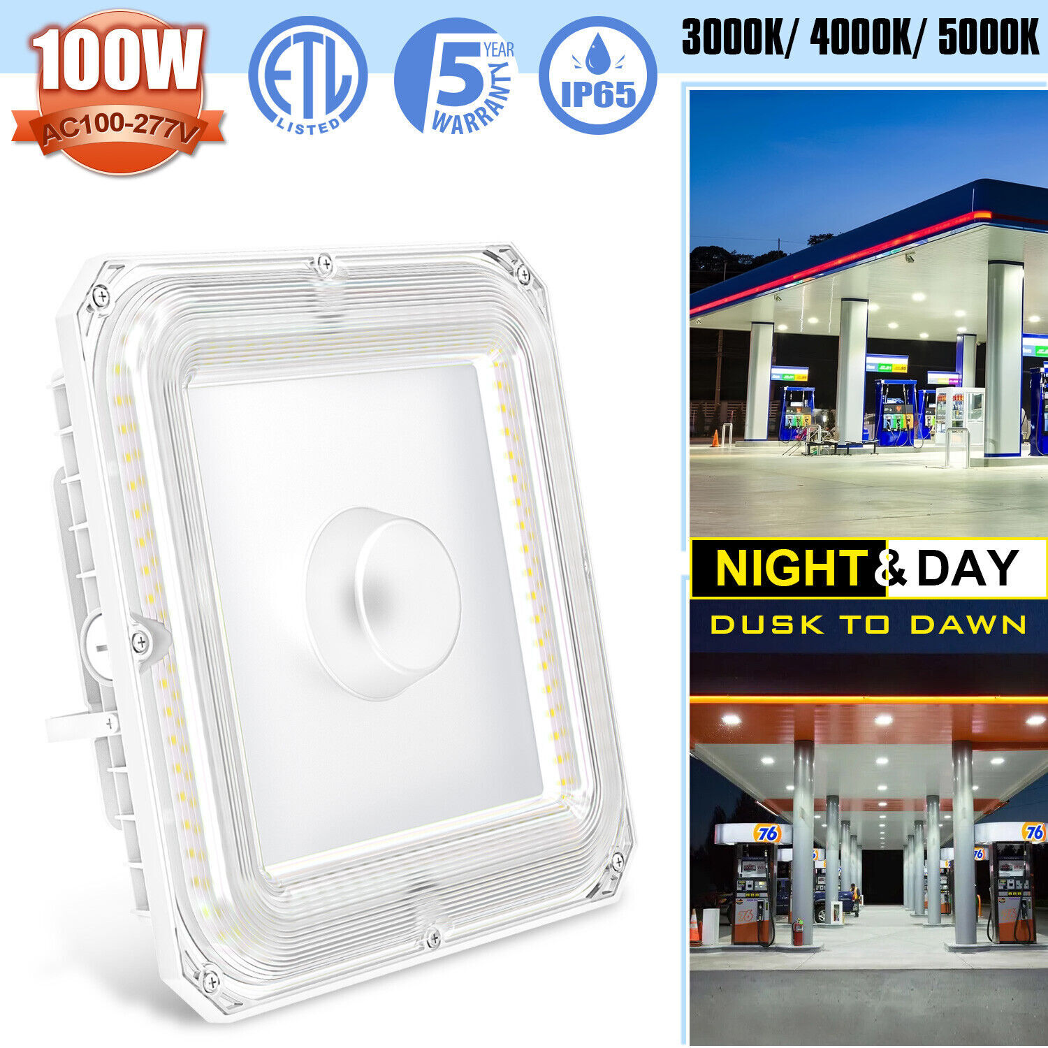 100W LED Gas Station Canopy Light Parking Lot Garage Lamp with Photocell 13500LM