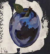 Original acrylic painting, Plum Still life square artwork 6x6" fruit kitchen art