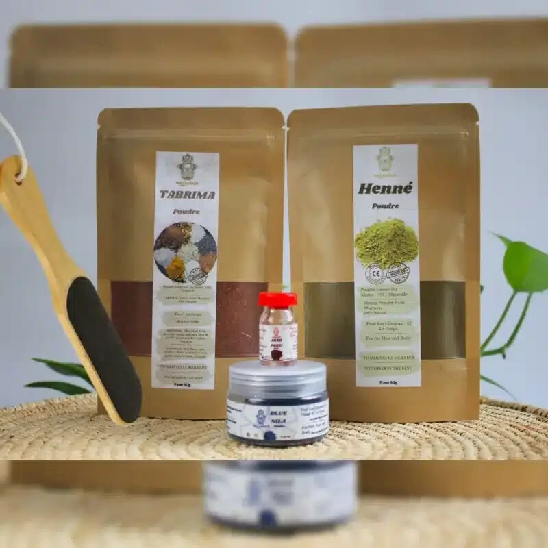 Pack Tabrima Henné Savon beldi Nila bleu Aker Fassi Brosse Pédicure corps