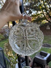 Antique American Brilliant Cut Flowers-Glass Nappy Handled Bowl Candy Dish Rare
