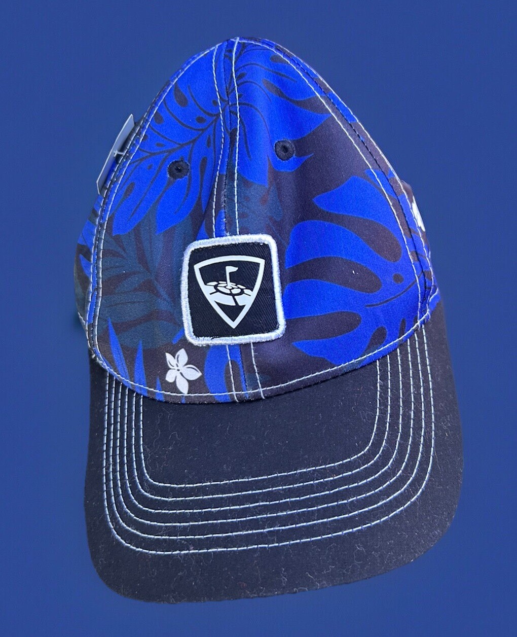 Top Golf Hawaiano Sombrero Gorra Correa Trasera Hojas Negras Floral Ajustable