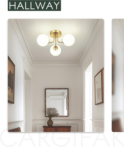 3-Light Gold Semi Flush Mount Ceiling Light, Frosted Glass Globe Ceiling Light w - Picture 7 of 8