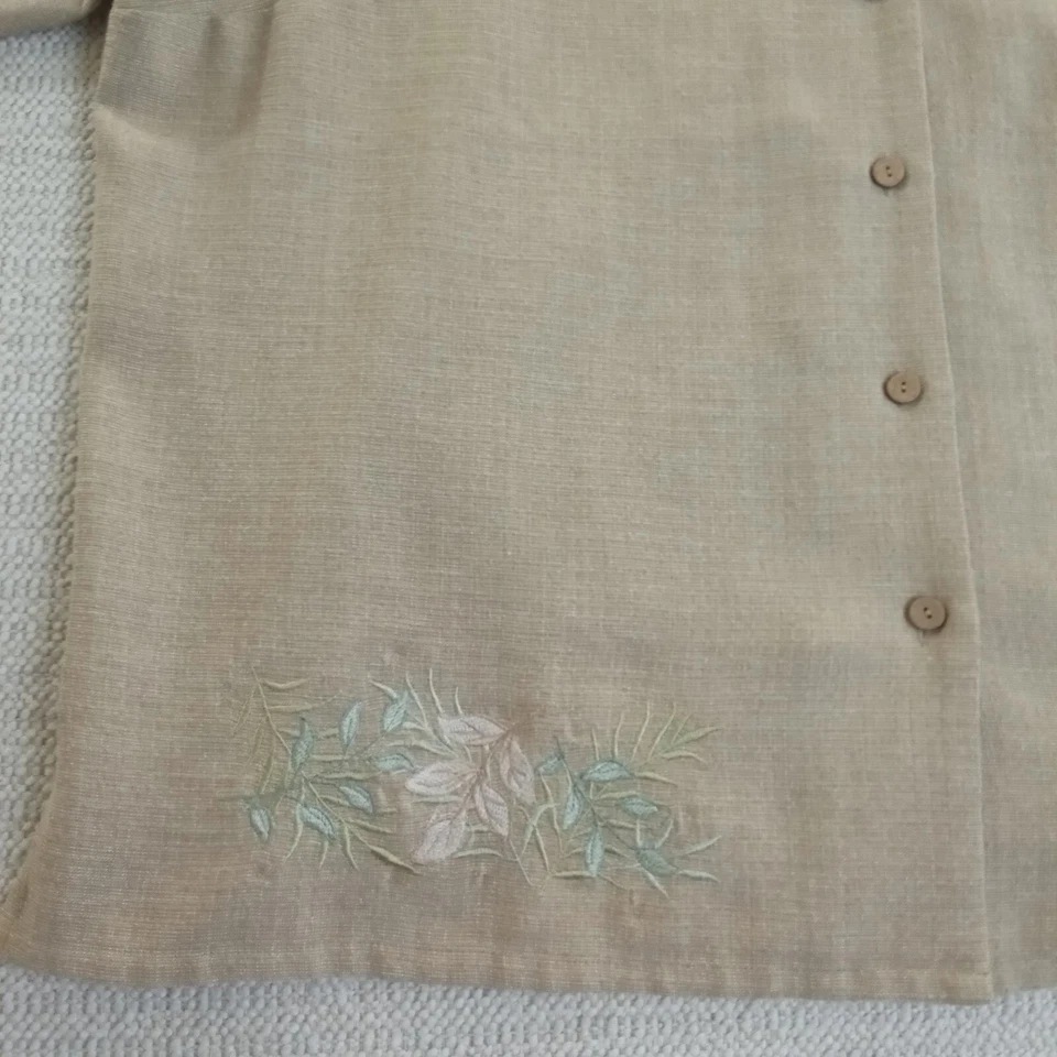 Camisa Bon Worth Top Mujer XL Pequeña Madera Tostada Botones Bordado Mezcla Lino Foto 2 de 4