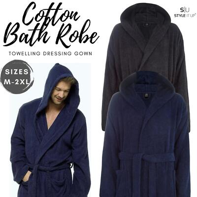 Mens Terry Towelling Bath Robe 100% Cotton Soft Dressing Gown Hooded ...