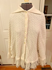 Vintage White Fringe Poncho Cape Boho Knit Sweater Shawl Button Up Collar One Sz
