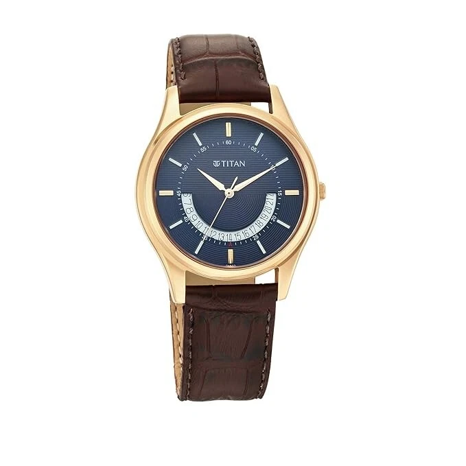 Reloj con correa de cuero analógico esfera azul Titan Lagan para hombre-NS1713WL01 Foto 2 de 4