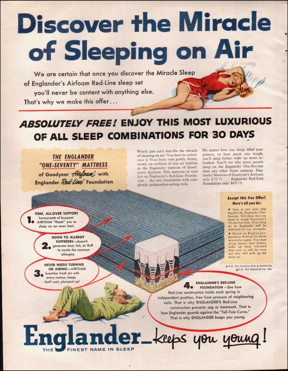 1956 Vintage ad England retro Mattress Goodyear Airfoam Art 