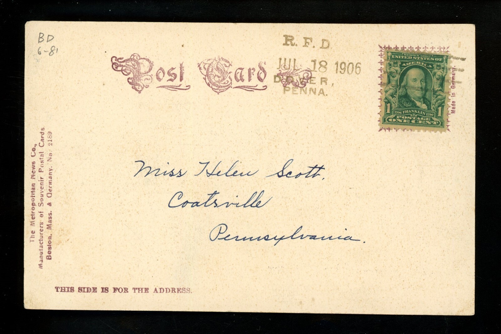 US Postal History 300 Card York PA RFD 1906 Dover PA DPO to