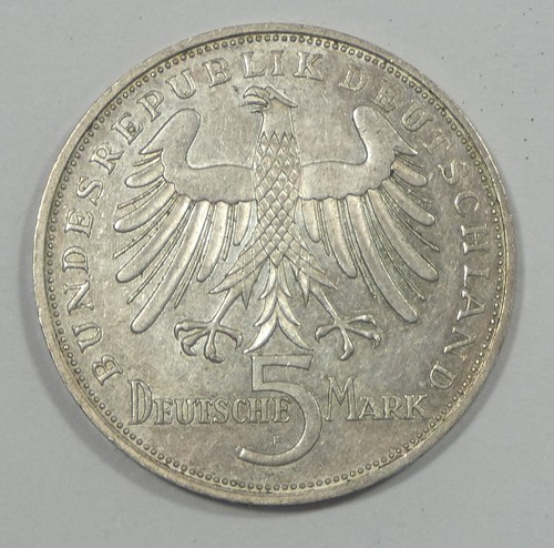 1955-F GERMANY Schiller Silver 5 Mark ALMOST UNCIRCULATED - Picture 2 of 4