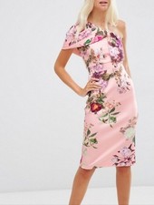 ASOS Pink Floral One-Shoulder Seam Line Midi Dress With Zipper Size 8